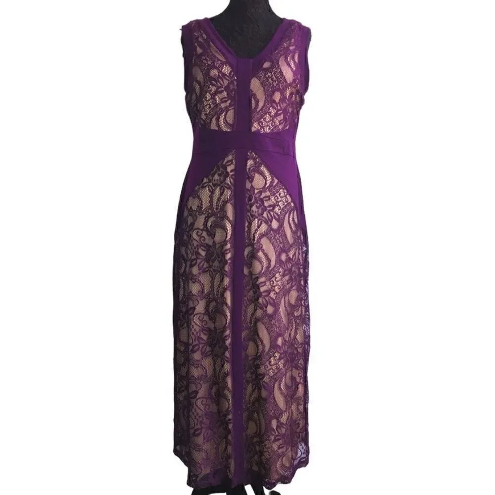 CARDLETTE PETITE Purple Lace Nude Lining Maxi Dress Petite XL